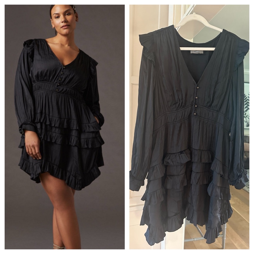 By Anthropologie Tiered Ruffled Mini Dress black Long Sleeve XL Satin $160